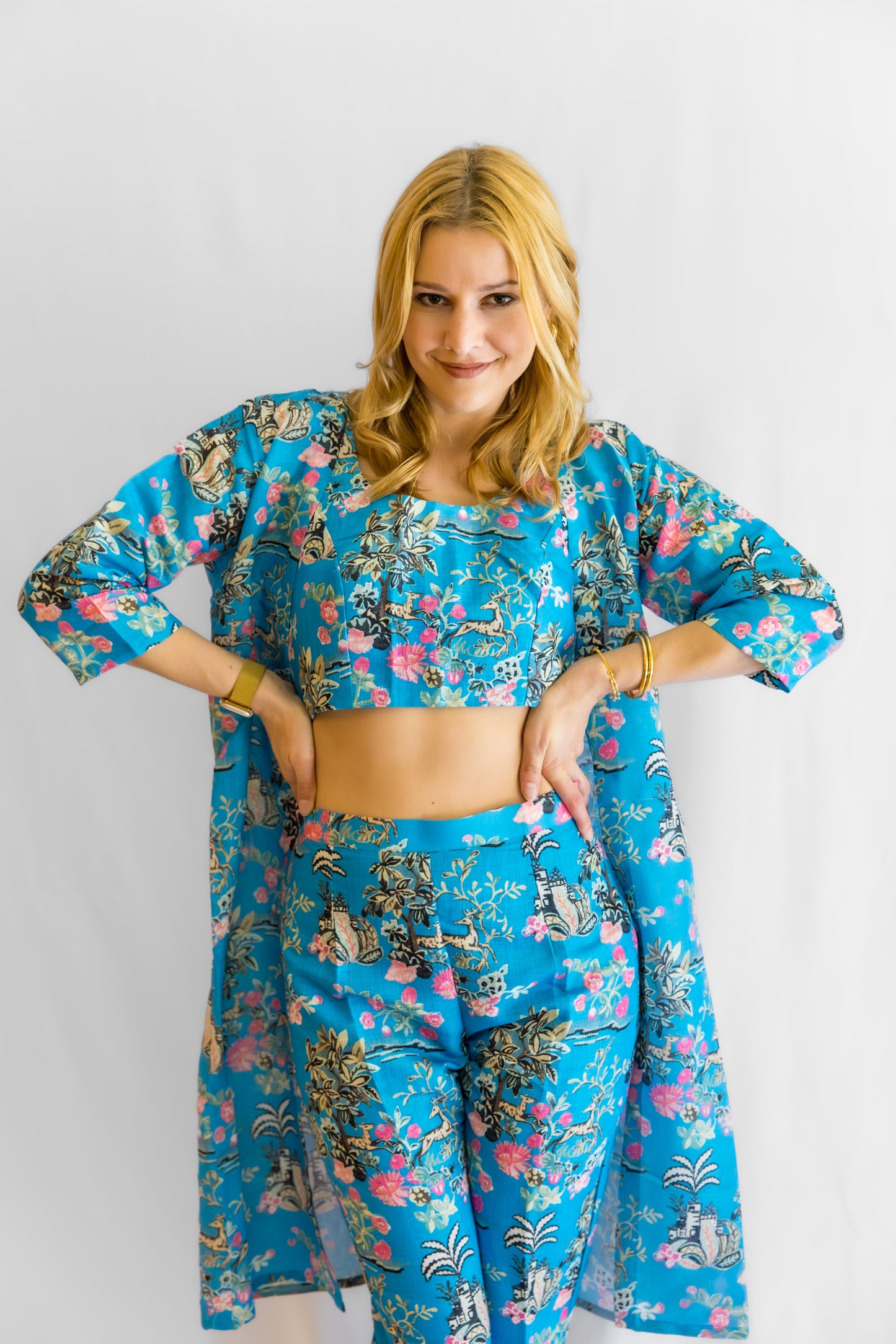 Florava Linen 3- Piece Set Dress - Blue