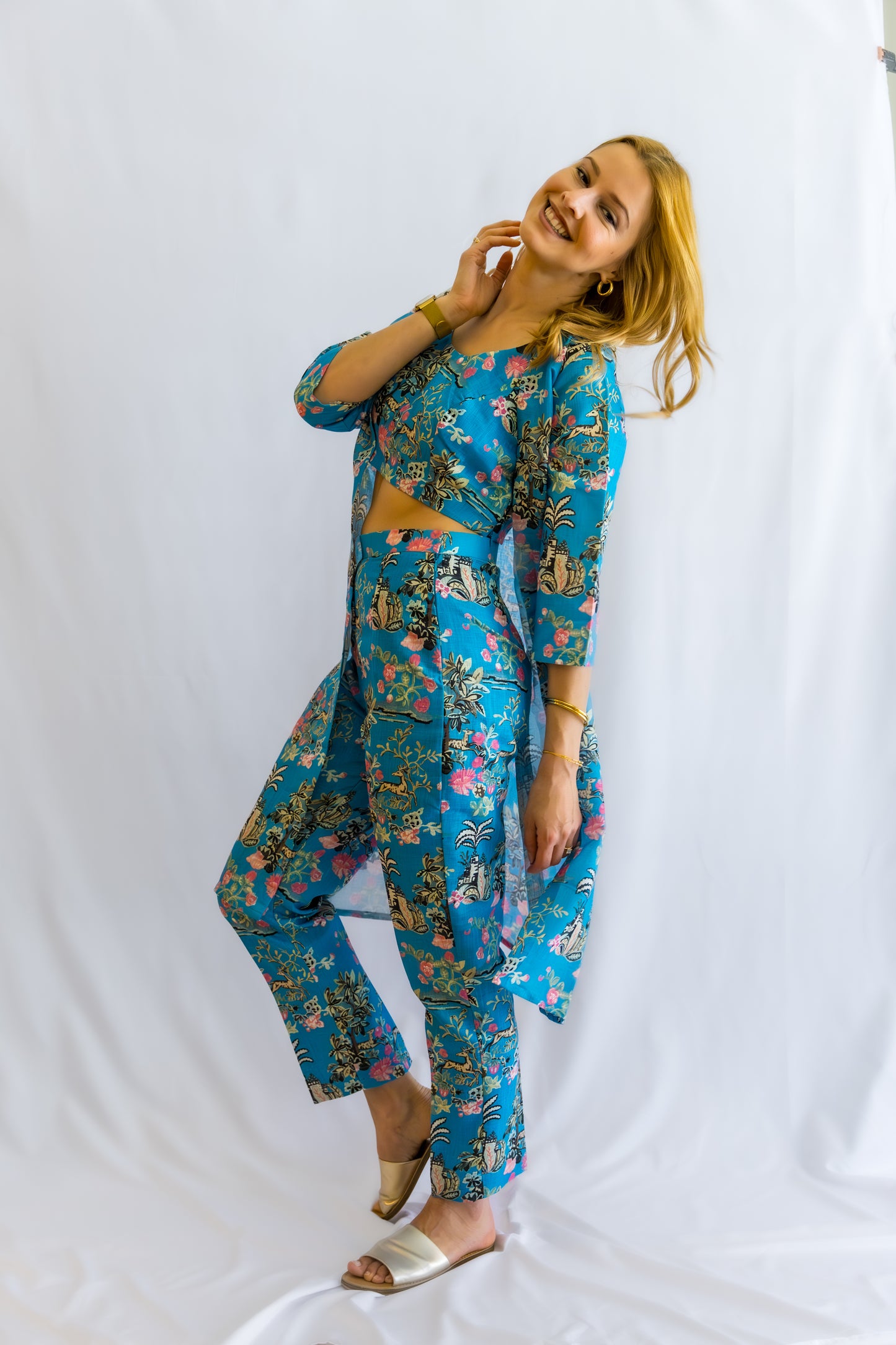 Florava Linen 3- Piece Set Dress - Blue