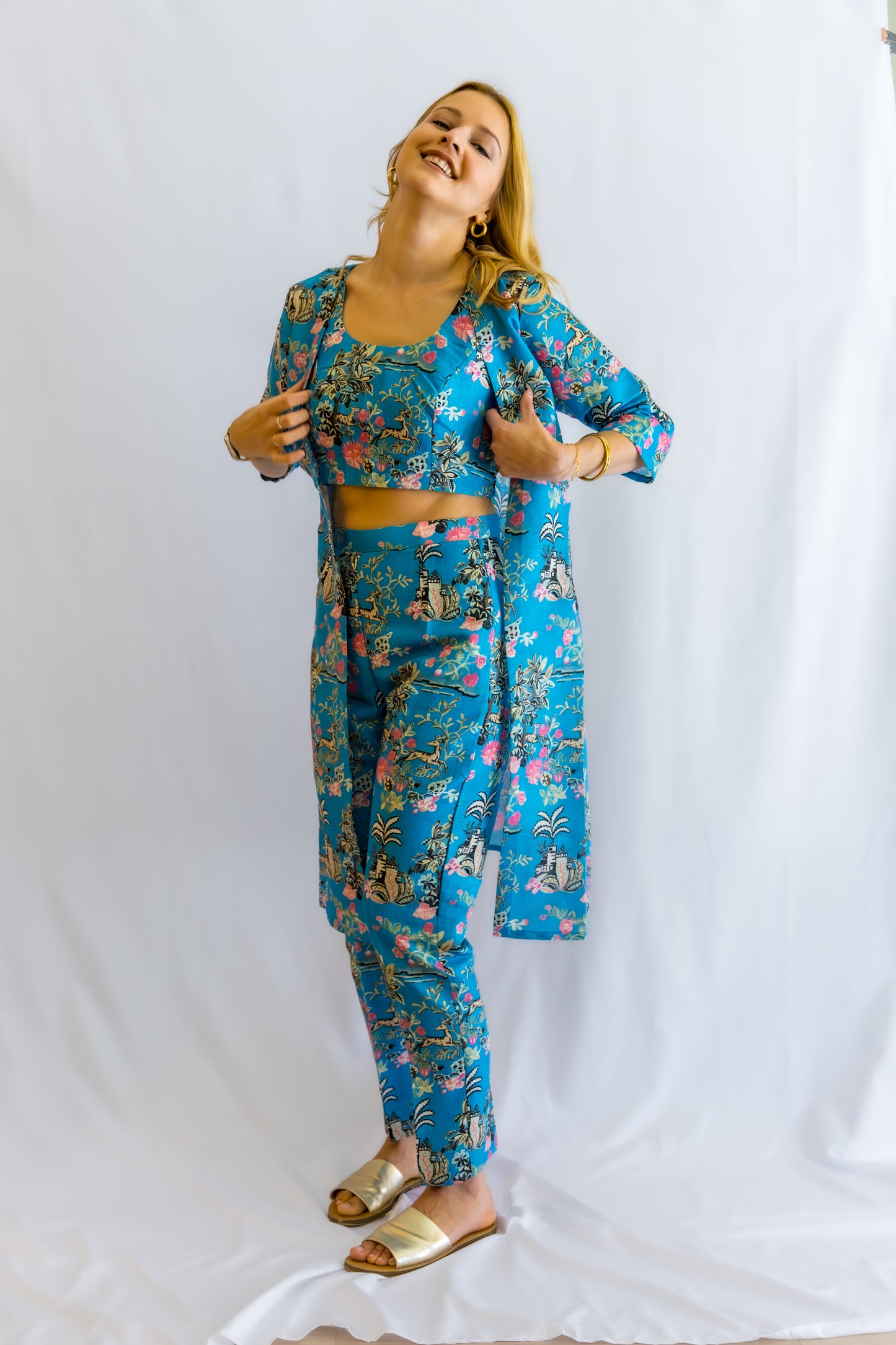 Florava Linen 3- Piece Set Dress - Blue