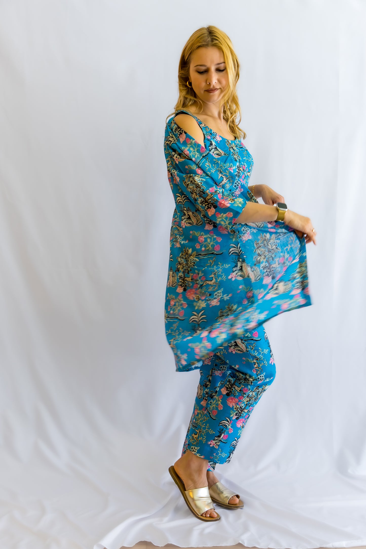 Florava Linen 3- Piece Set Dress - Blue