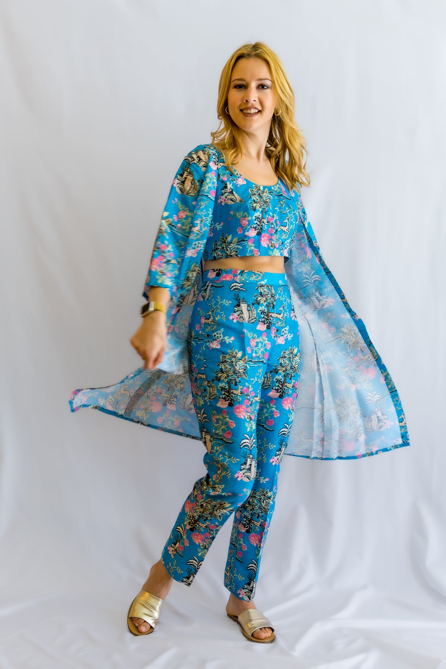 Florava Linen 3- Piece Set Dress - Blue