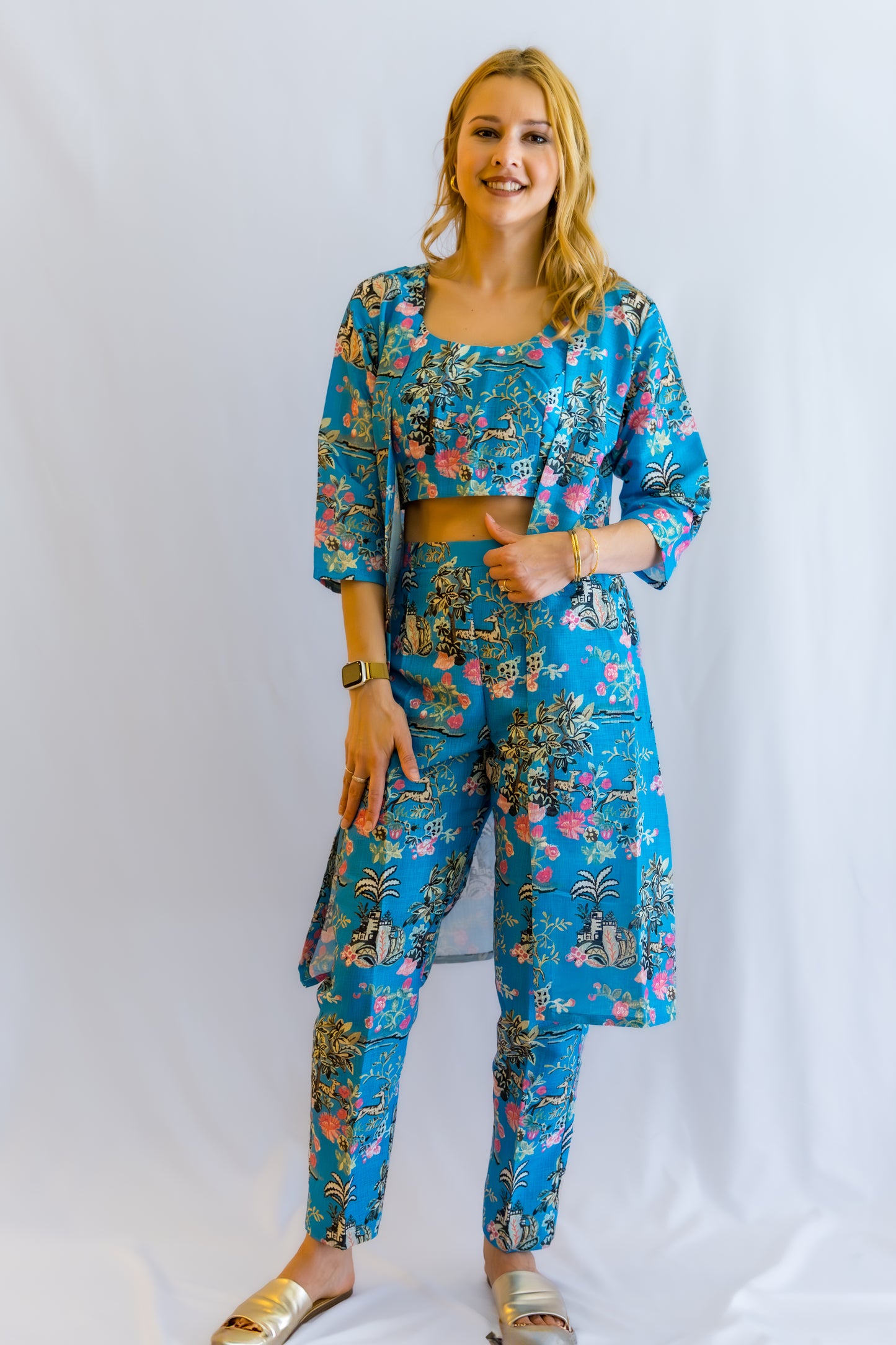Florava Linen 3- Piece Set Dress - Blue