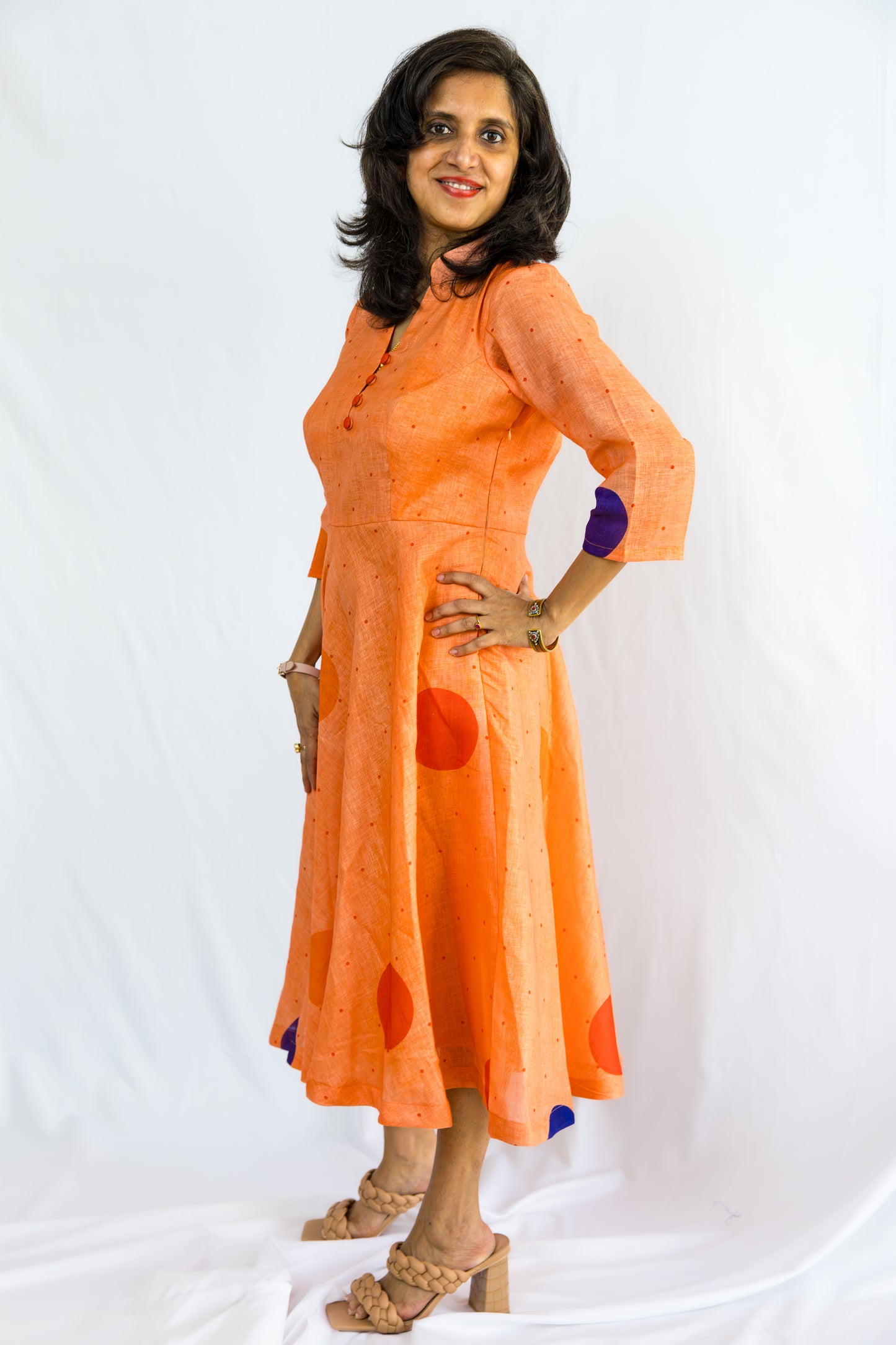 Melora Polka Dots Linen Dress - Peach