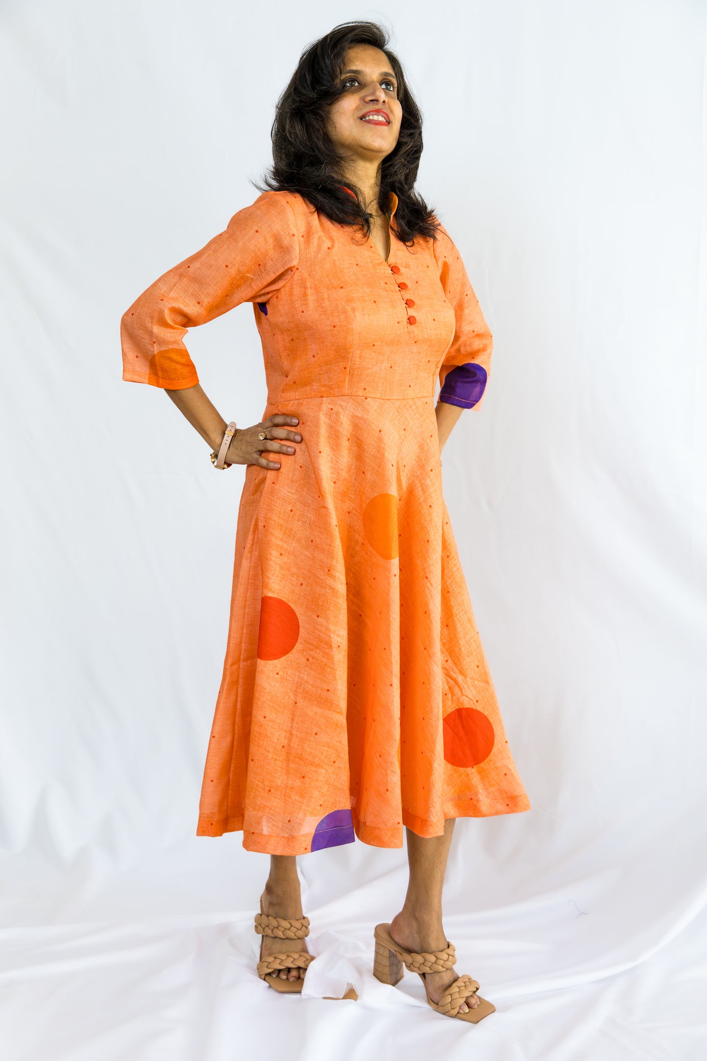Melora Polka Dots Linen Dress - Peach