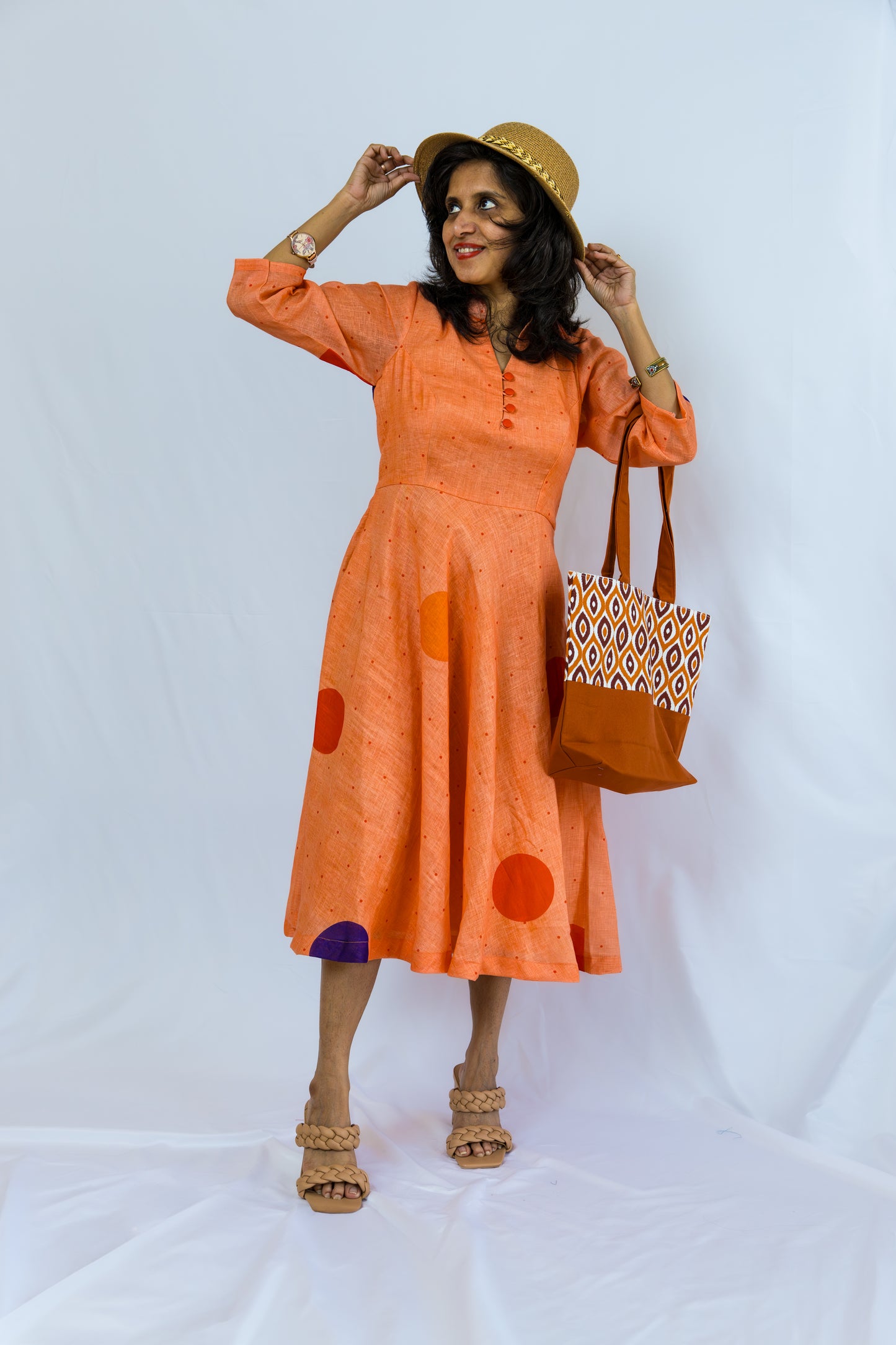 Melora Polka Dots Linen Dress - Peach