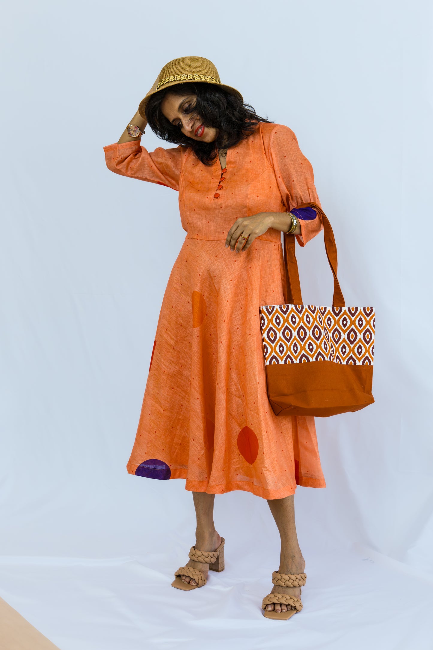 Melora Polka Dots Linen Dress - Peach