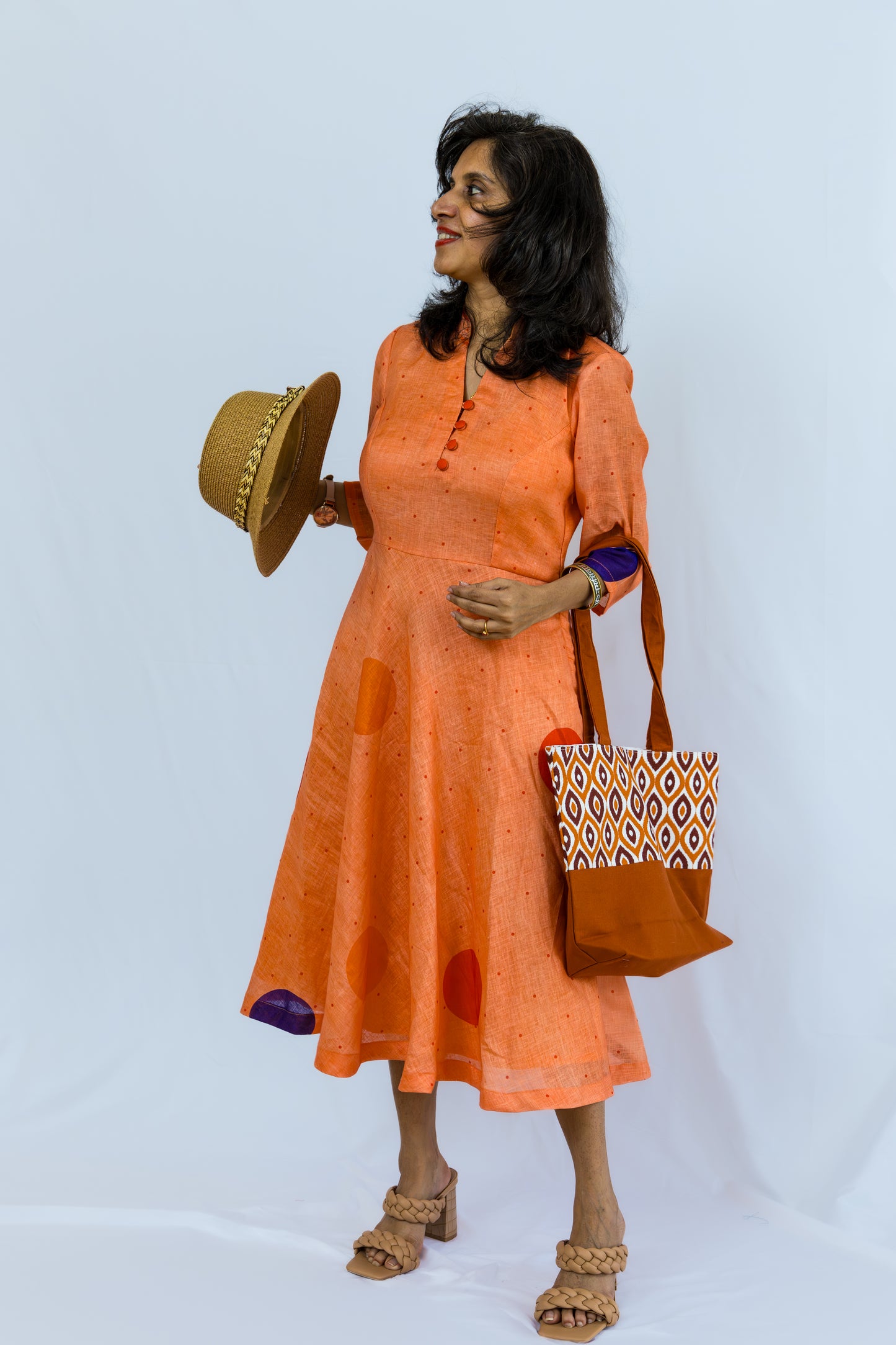 Melora Polka Dots Linen Dress - Peach