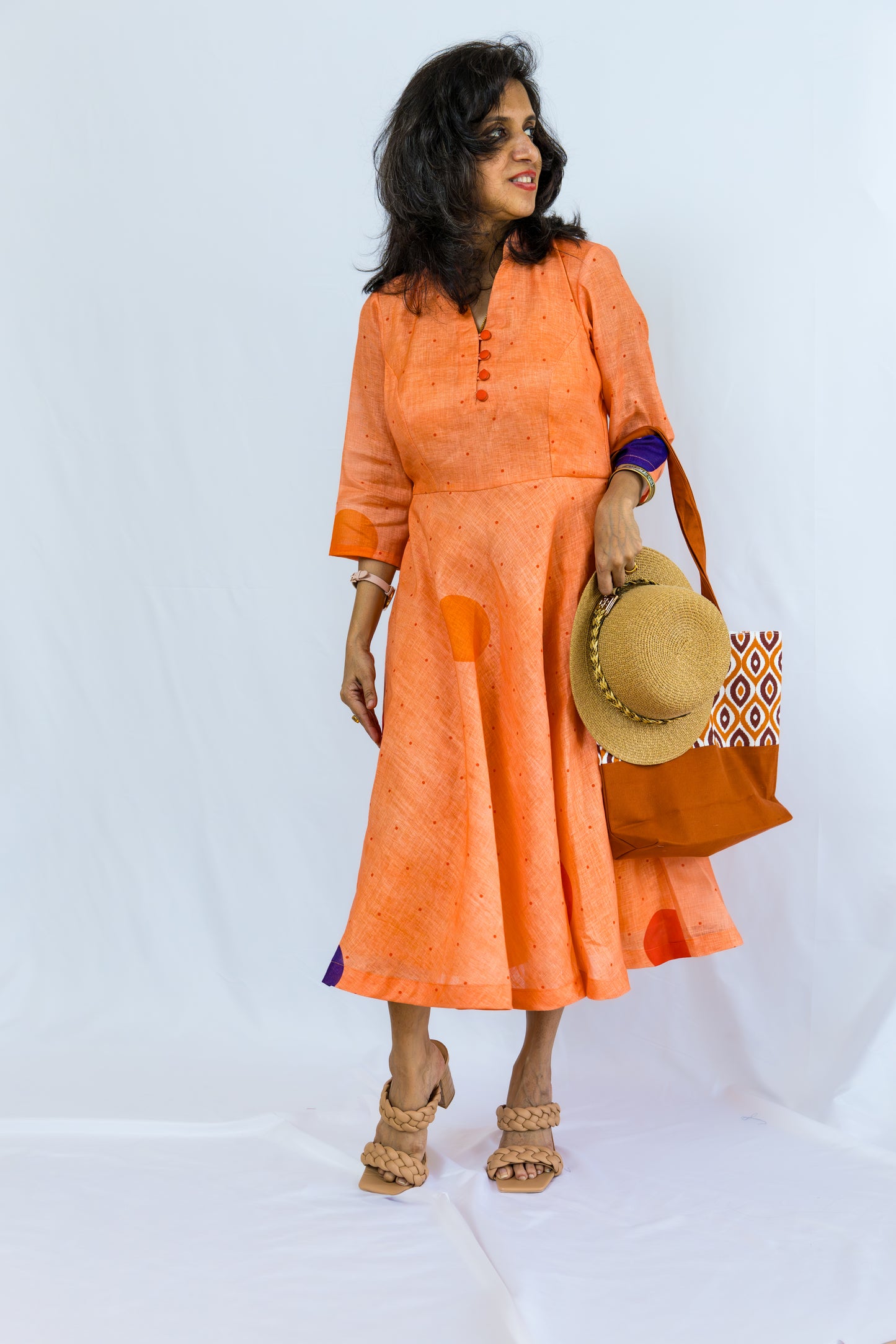 Melora Polka Dots Linen Dress - Peach
