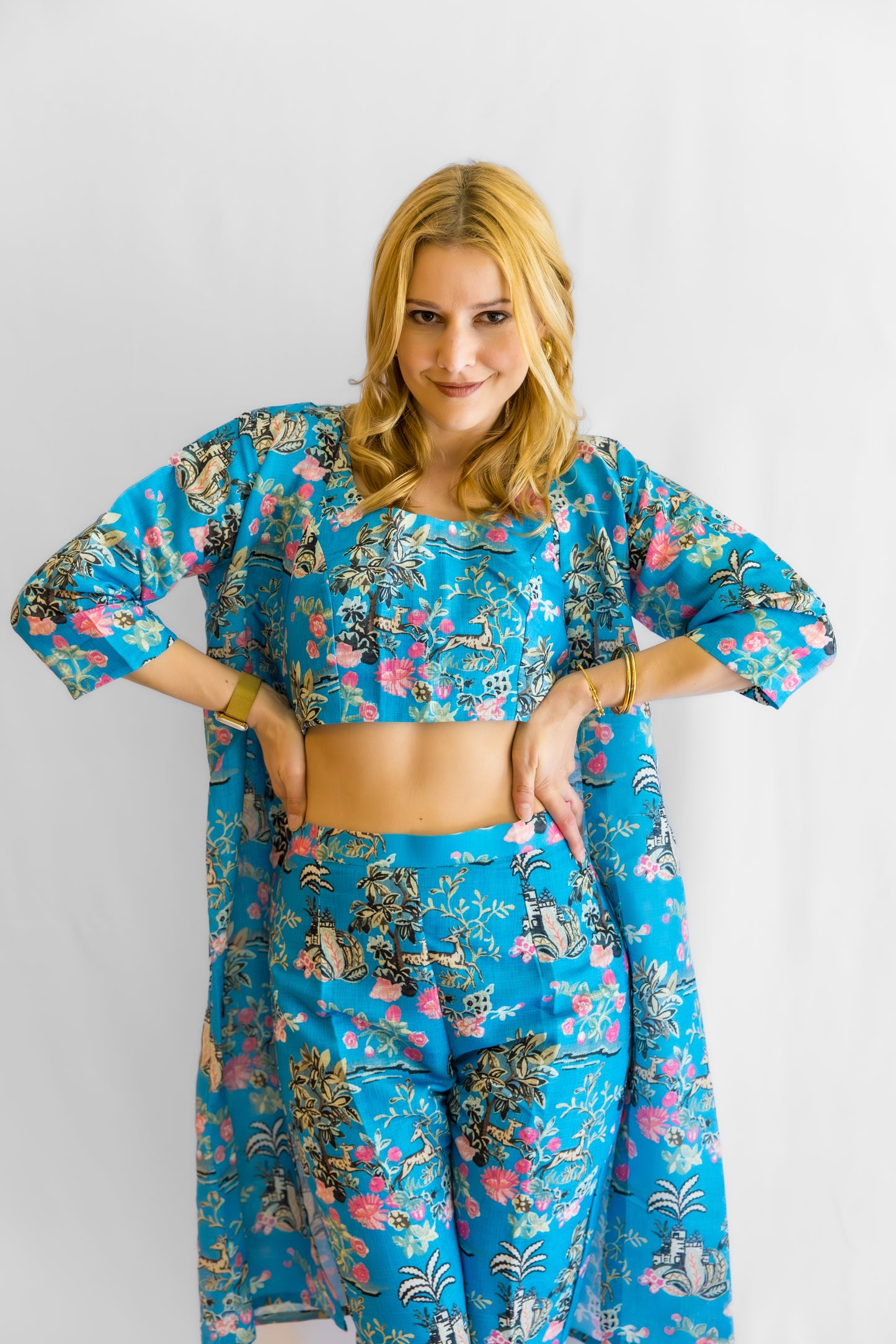 Florava Linen 3- Piece Set Dress - Blue