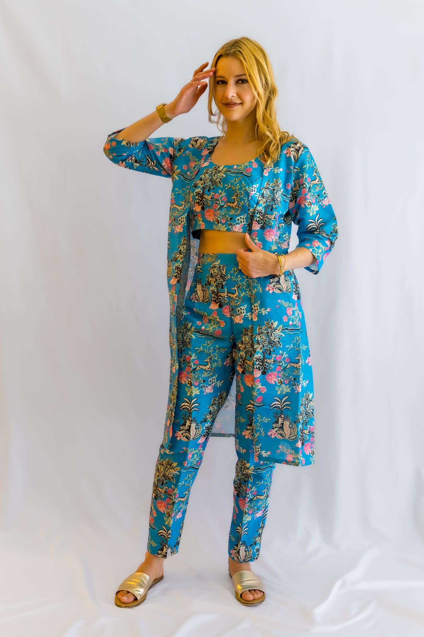 Florava Linen 3- Piece Set Dress - Blue