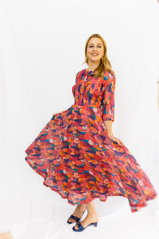 Linuara Linen Flare Dress - Brown(with multicolor)