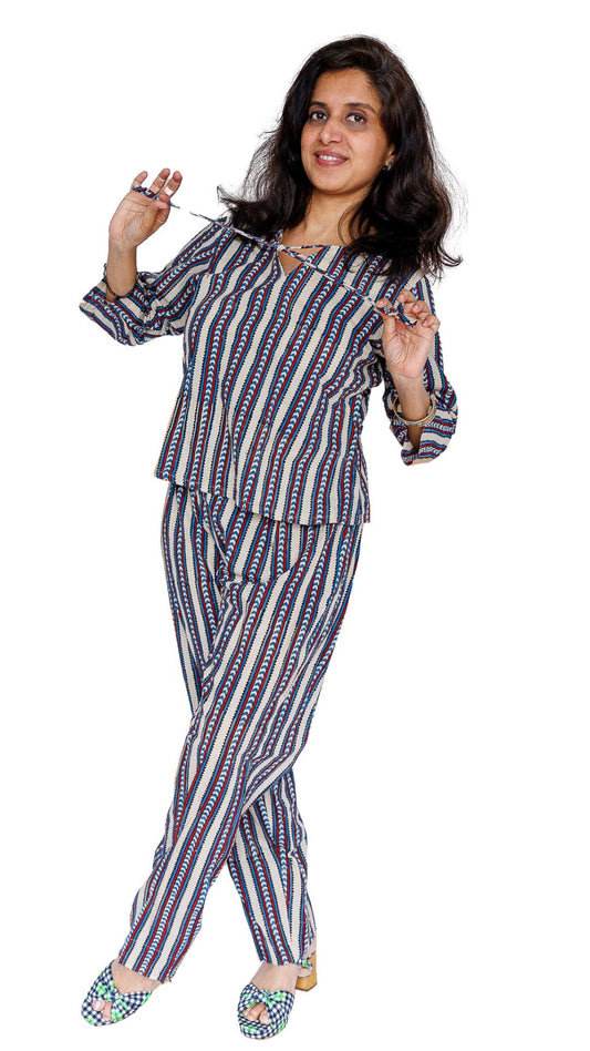 Ajrakh Mist Cotton Top & Pant Set(Coord set) - Blue & White